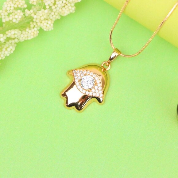 "White Evil Eye Hamsa Pendant in Gold Plated Brass – Sparkling Charm, XPPT1755 - Picture 12 of 13